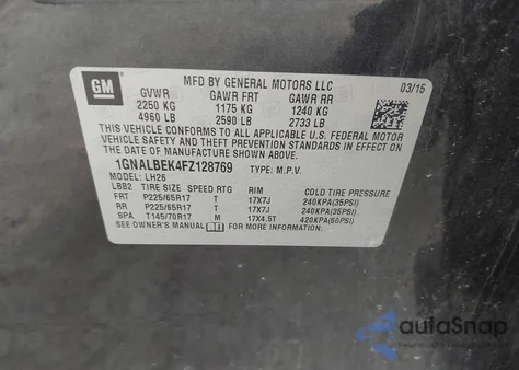 2015 Chevrolet Equinox 1Lt from USA, damaged, VIN 1GNALBEK4FZ128769